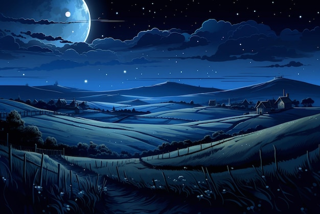 an illustration of an ancient farm landscape in the night