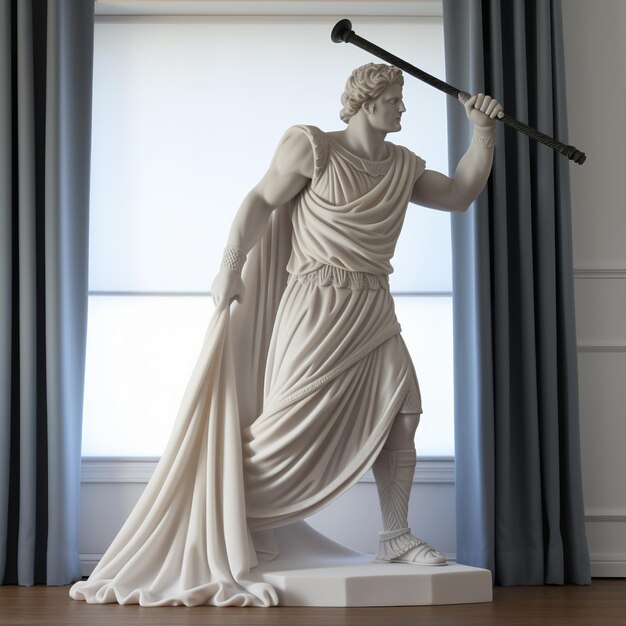 illustration of ancient greek marble man statue cleaning the curtain