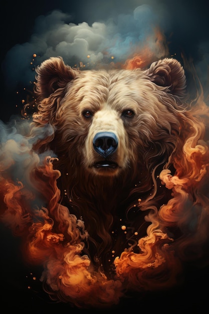 Illustration angry bear portrait fire and smoke animal on a dark background generative ai