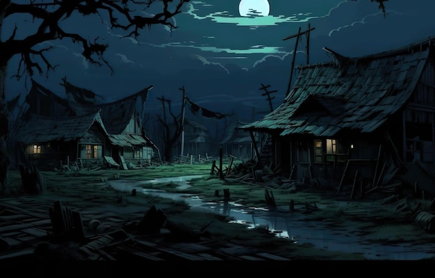 An illustration animation of dark scene of a house with a full moon in the background