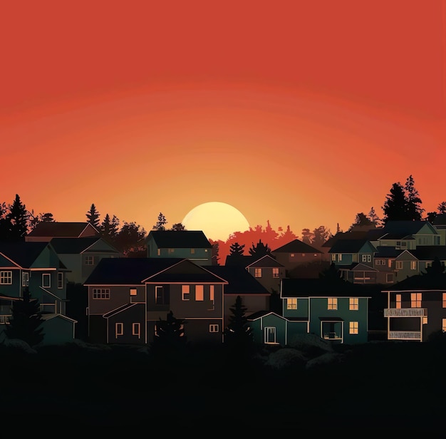 An illustration of animation picture of a city with sunset view