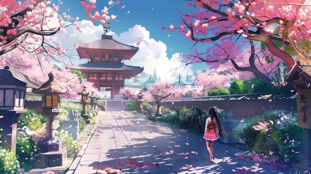 Illustration of Anime Girl in Japanese Garden with Cherry Blossom Trees