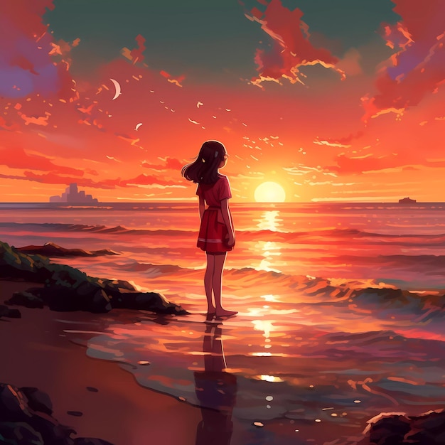 Illustration of an anime girl watching the sunrise on the beautiful beach