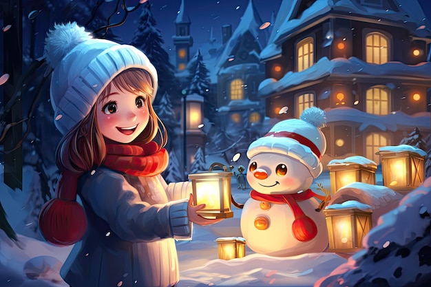 Illustration anime of girl with snowman on Christmas evening on the street at the Christmas market