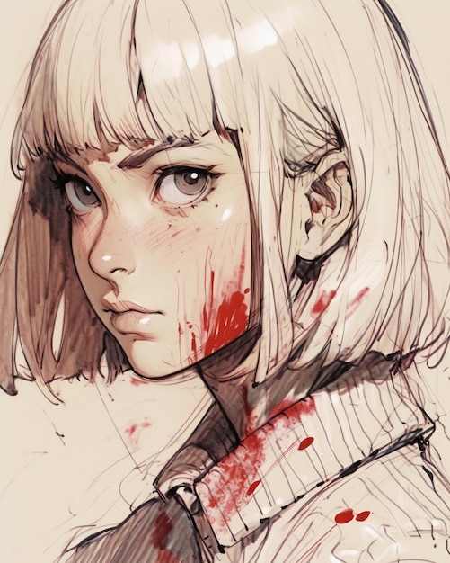 Illustration of anime white haired woman blood on face