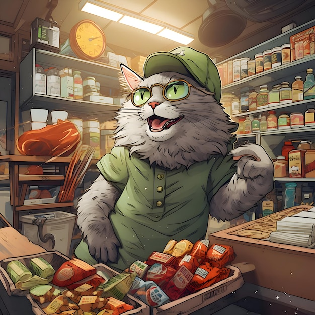 Иллюстрация антропоморфного кота в продуктовом магазине. Высокое разрешение.