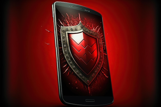 Illustration of antivirus shield on smartphone screen on red background. Generative AI