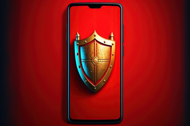 Illustration of antivirus shield on smartphone screen on red background. Generative AI