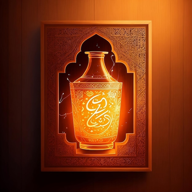 Illustration of Arabic Language day on drink ceramic glass ornate calligraphy on orange background