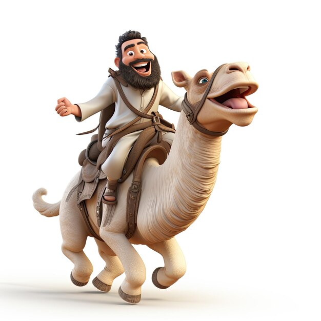 미소로 낙타 모험을 하는 그림 아랍 남자