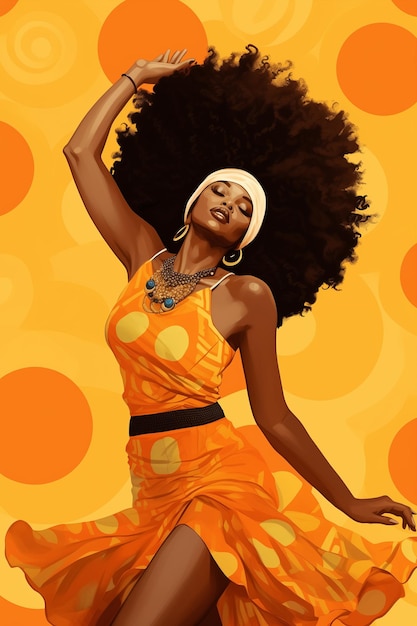 Photo illustration of an arican woman dancing on a bright orange background black history month