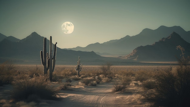 Photo illustration in the arid desert with full moon
