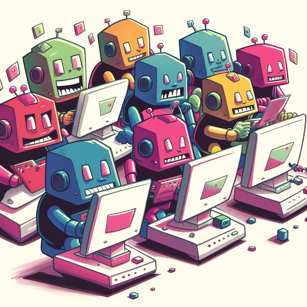 Illustration of an army of cheerful and vibrant humanoid robots working at their individual computer