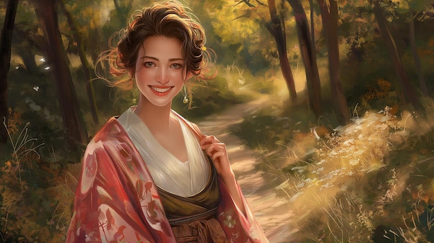 美しい幸せな白人女性のイラスト 茶色のを着て森の小道を歩いている