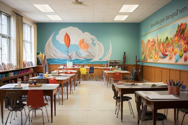 An illustration of an art classroom adorned with a wide variety of art materials Generative Ai