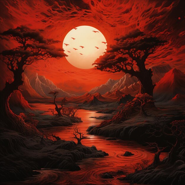 Illustration art sunset in the forest