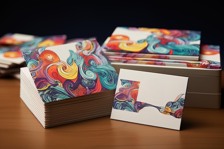 Photo illustration of artistic business card and packaging mock up designs