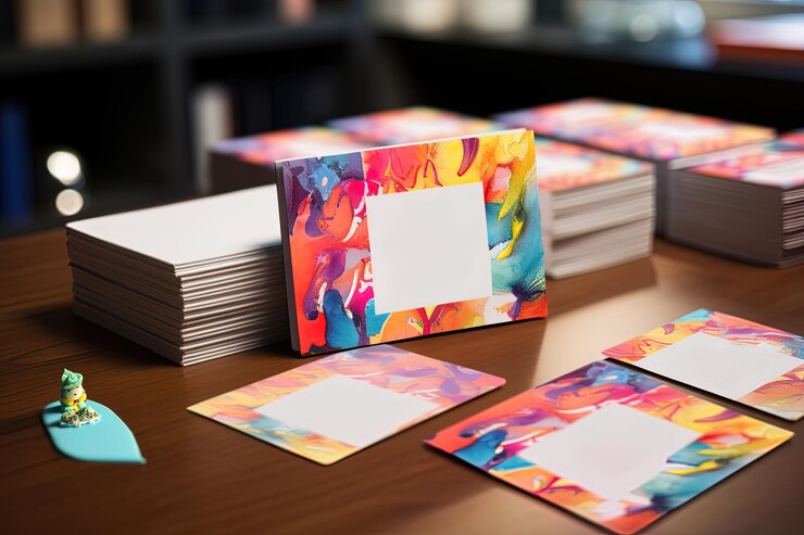 Photo illustration of artistic business card and packaging mock up designs