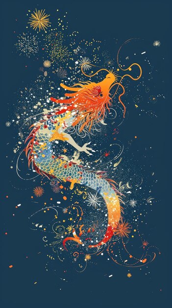 Illustration of asian dragon made of fireworks on plain background in chinese new year
