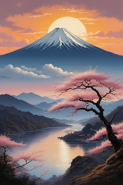 Illustration of an Asian mountain with cherry blossoms