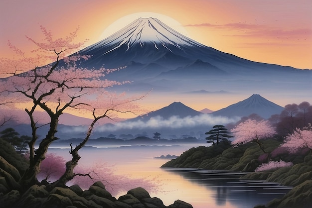 Illustration of an Asian mountain with cherry blossoms