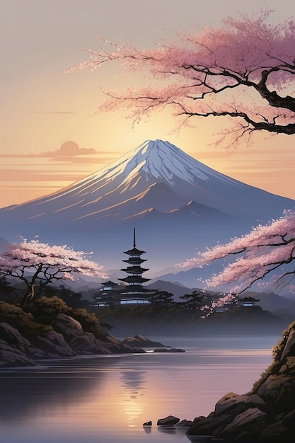 Illustration of an Asian mountain with cherry blossoms