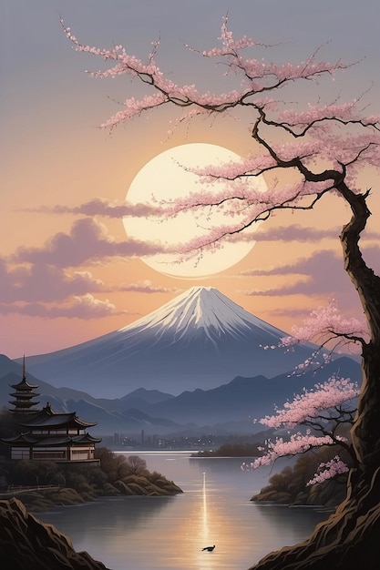 Illustration of an Asian mountain with cherry blossoms