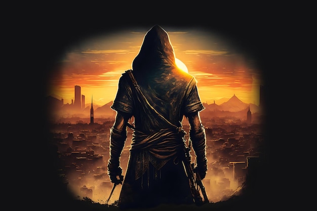 An illustration of assassin character from behind standing look at the city or dessert Good for tshirt mug poster bed cover pillow cover and other