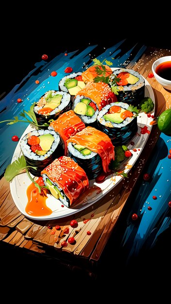 Illustration of assortment sushi roll Japanese cuisine Healthy food concept