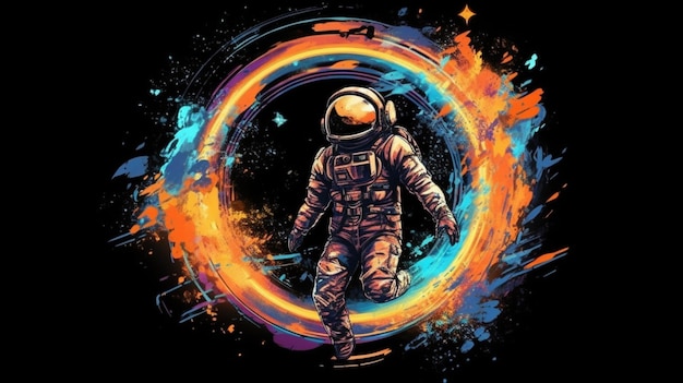 An illustration of an astronaut in a circle with paint splatters.