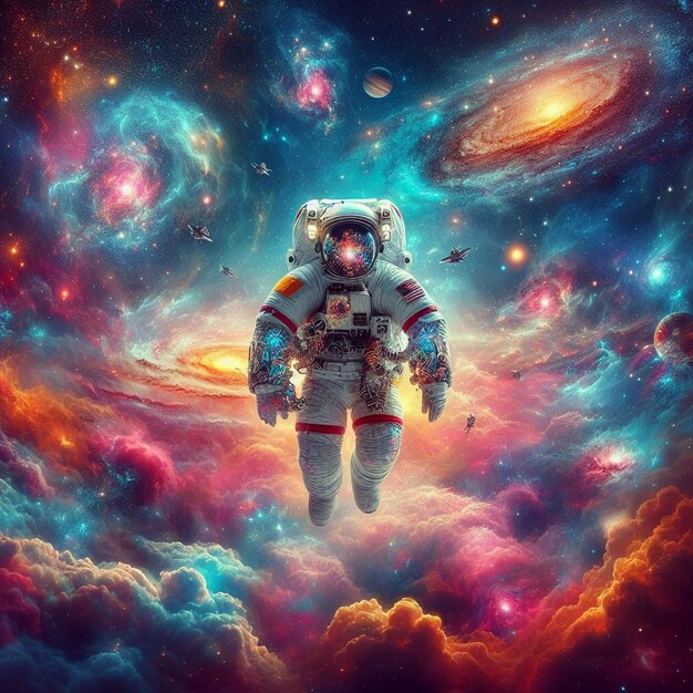 An illustration of a astronaut in a colorful space