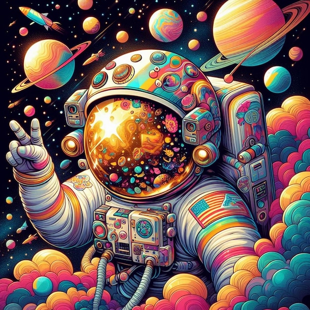 An illustration of a astronaut in a colorful space