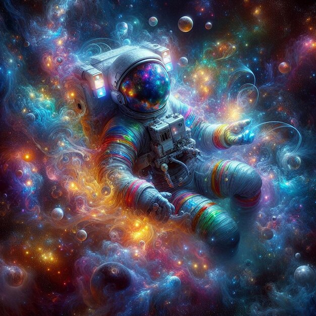 An illustration of a astronaut in a colorful space