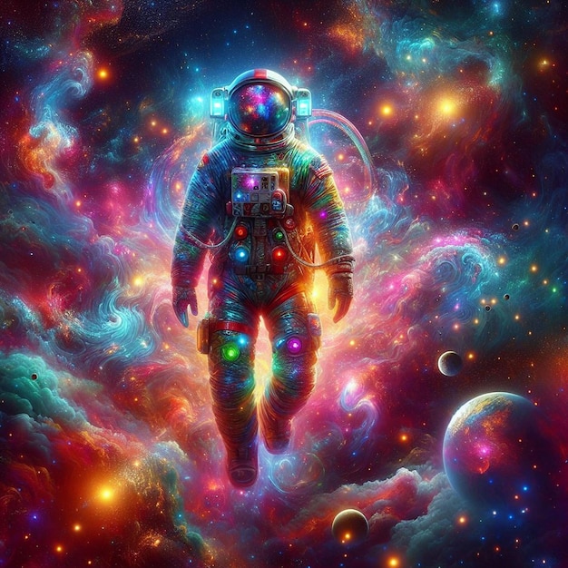 An illustration of a astronaut in a colorful space
