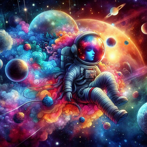 色とりどりの空間にいる宇宙飛行士のイラスト