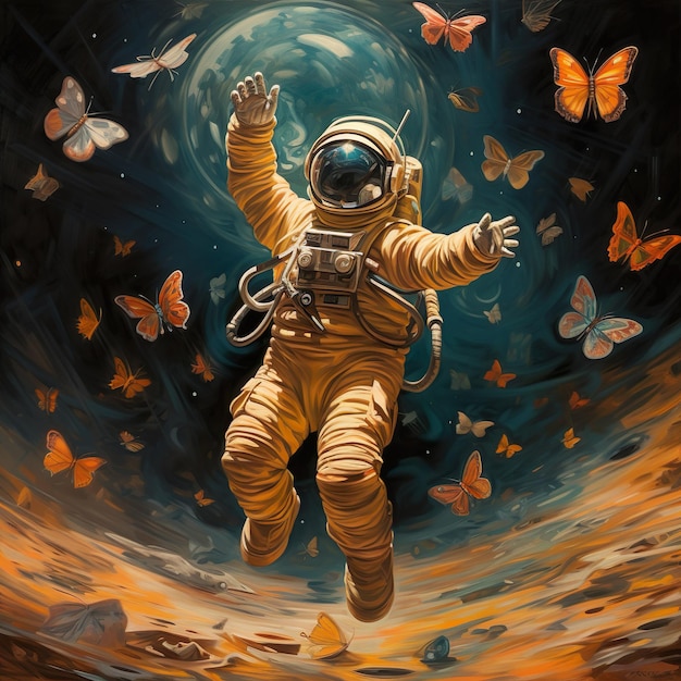 Illustration of astronaut encountering butterfly in alien landscape