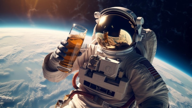 Illustration of an astronaut enjoying a drink of beer