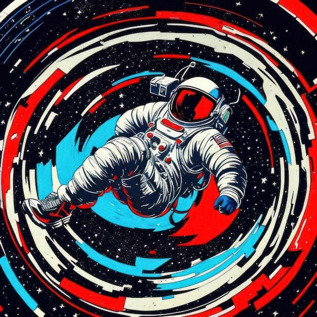 An illustration of an astronaut floating in a black hole.