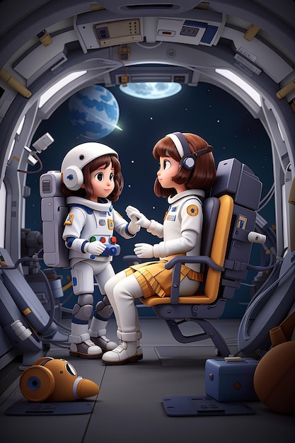 Illustration of astronaut girl and robot in the spaceship