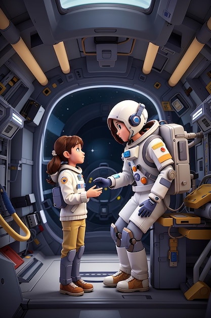 Illustration of astronaut girl and robot in the spaceship