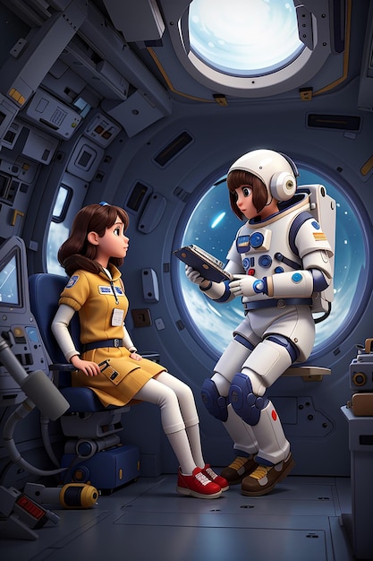 Illustration of astronaut girl and robot in the spaceship