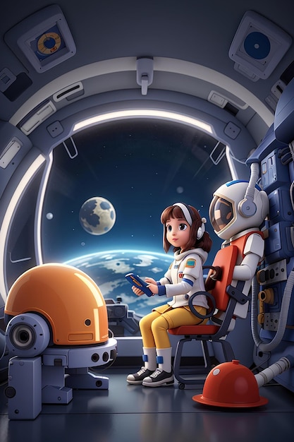 Illustration of astronaut girl and robot in the spaceship