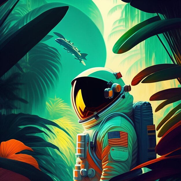 An illustration of an astronaut in a jungle with a plane in the background.