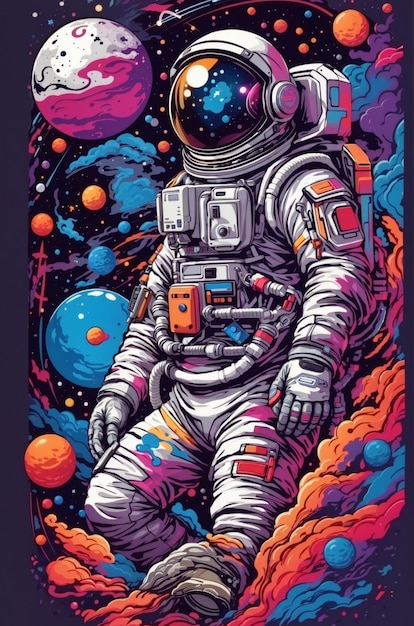宇宙飛行士が虹の色の大気圏に乗っているイラスト 5