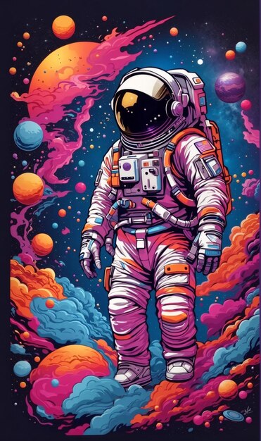 Illustration of an astronaut in outer space with a rainbow colored atmosphere 8