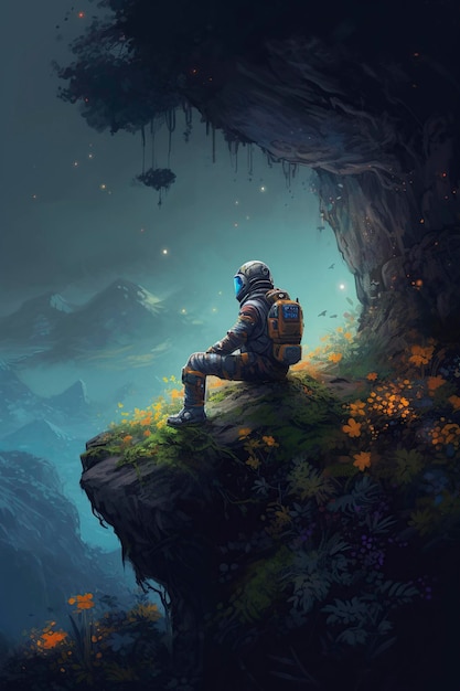 illustration astronaut sitting on the edge of a cliff