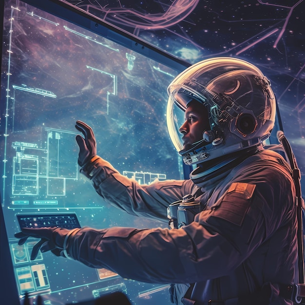 Illustration of an astronaut in space looking at data floating around him