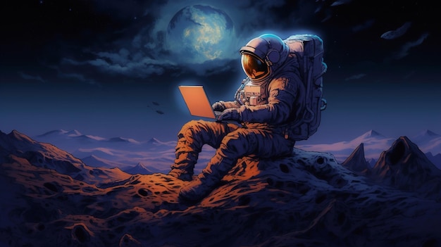 Illustration astronaut in space with a laptop