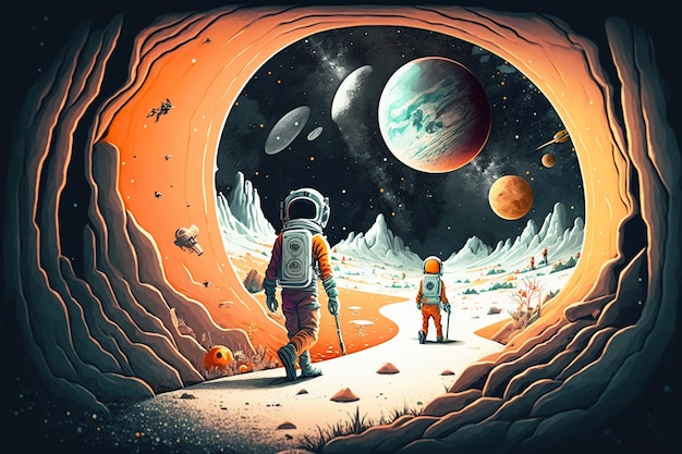 Photo an illustration of an astronaut walking on a planet.