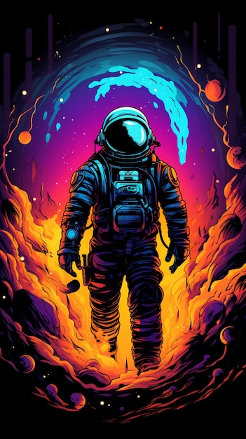 illustration of a astronaut wearing a space suit with a colorful flamelike aura around it